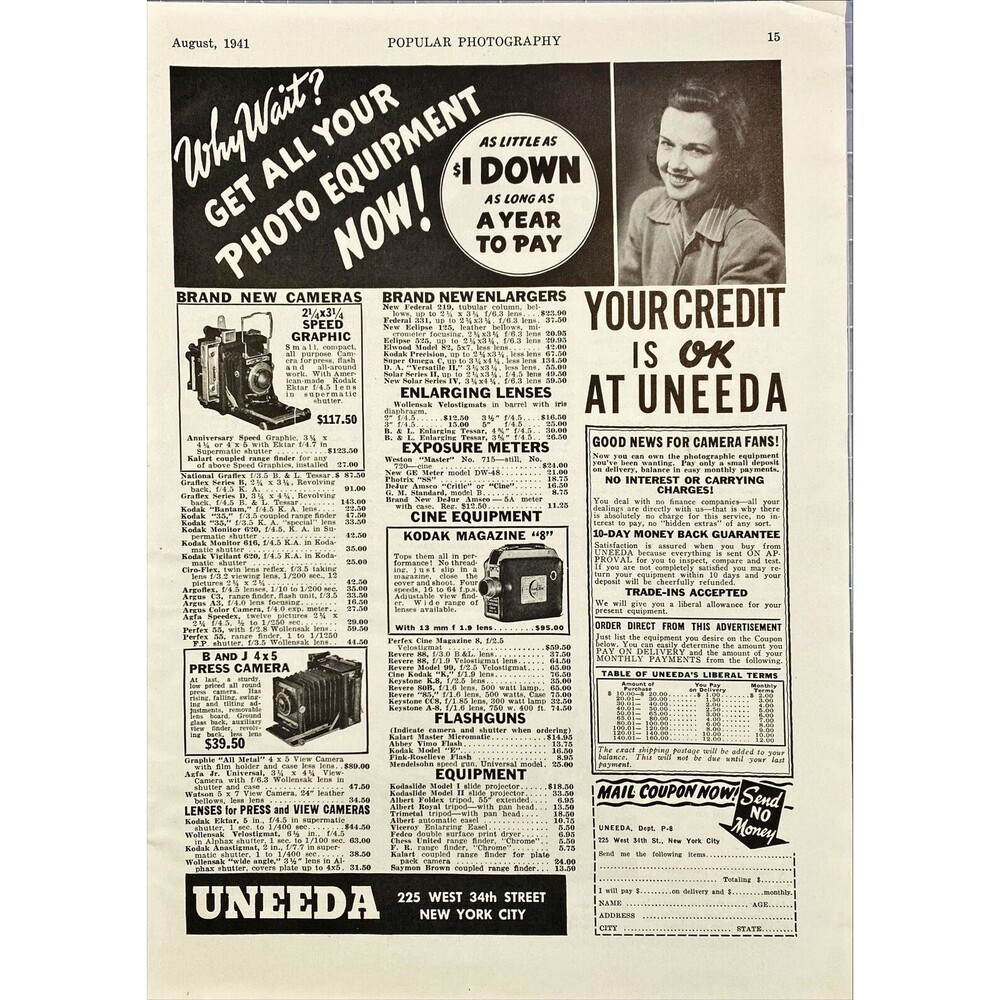 UNEEDA "Why Wait? Get All Your Photo Equipment Now!" Vintage Print Ad 1941